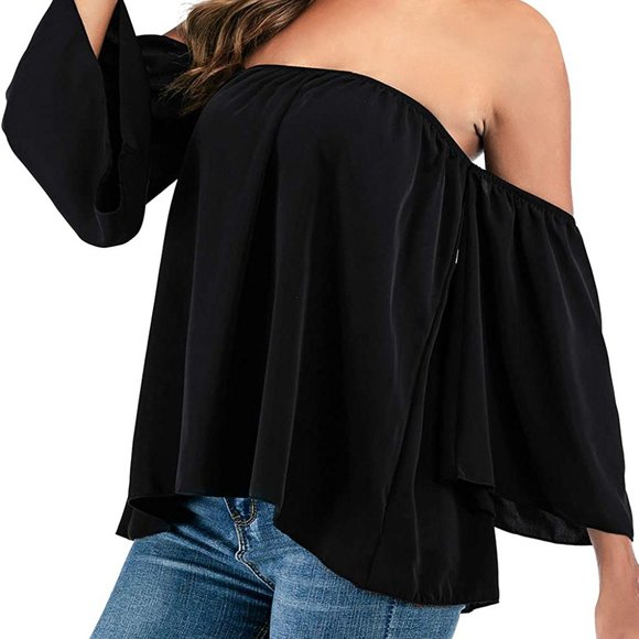 Women's Summer Off Shoulder Blouses Short Sleeves Sexy Tops Chiffon Ruffles - Picture 4 of 7